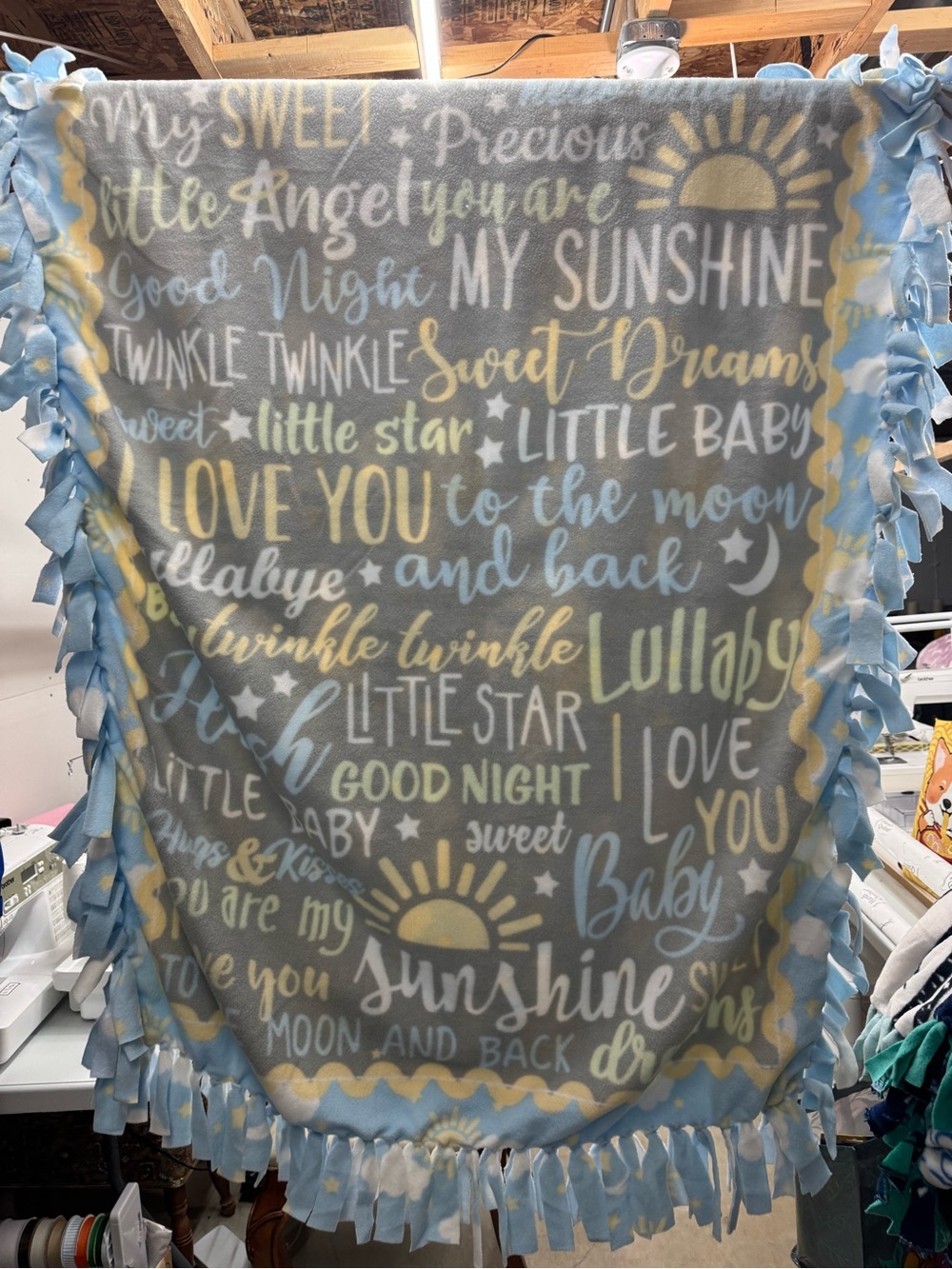 Baby Lullaby Text Fleece Throw Blanket - Gray, Blue & Yellow